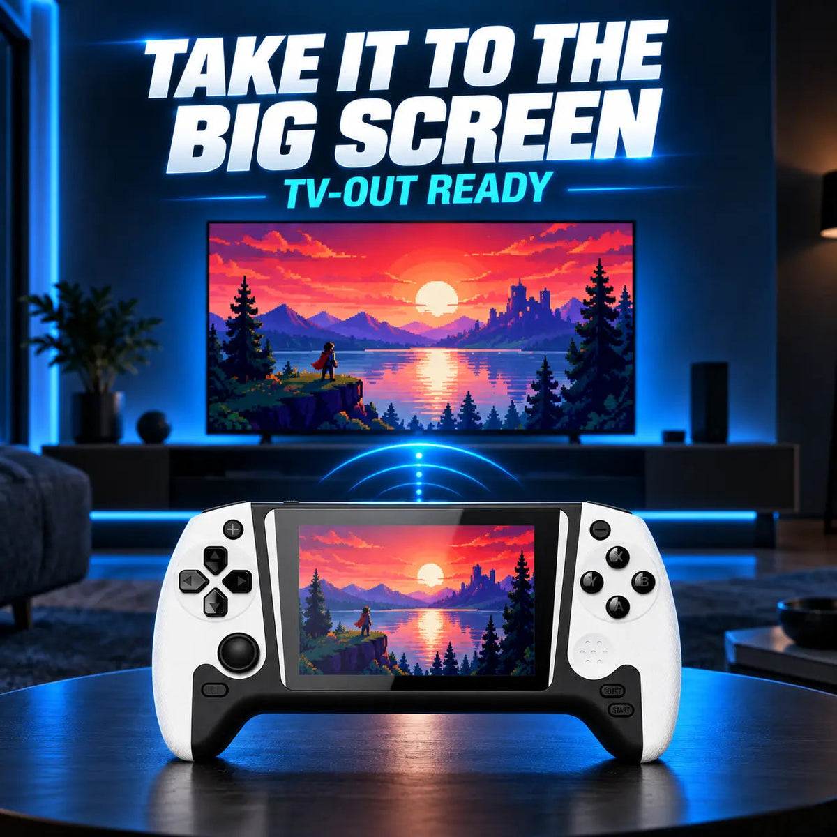 Handheld gaming console TV output feature illustration