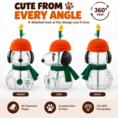 Fall Favorite Cute Character Glass Tumbler with Straw, 3D Cold Cup for Iced Coffee, Matcha & Autumn Drinks, Cozy Gift Idea