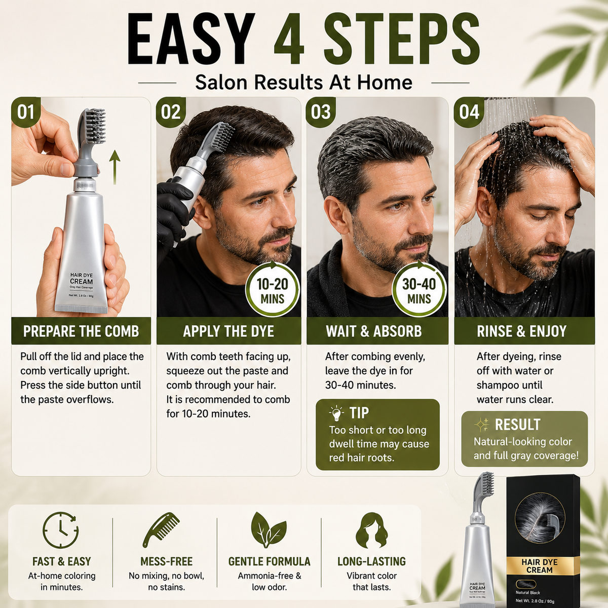 Four-step instructions for applying gray coverage hair dye comb