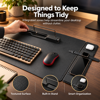 All-in-One Smart Desk Mat with Wireless Charging, Large Office Desk Pad with Phone, Watch & Earbud Charging Area, Multifunctional Workspace Organizer for Home Office & Gaming Desk