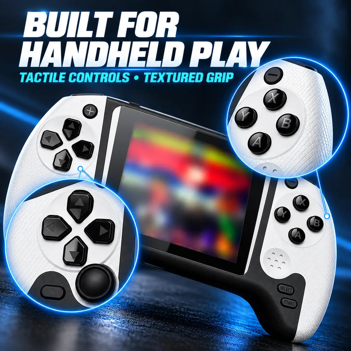 Handheld retro game console control buttons and grip details