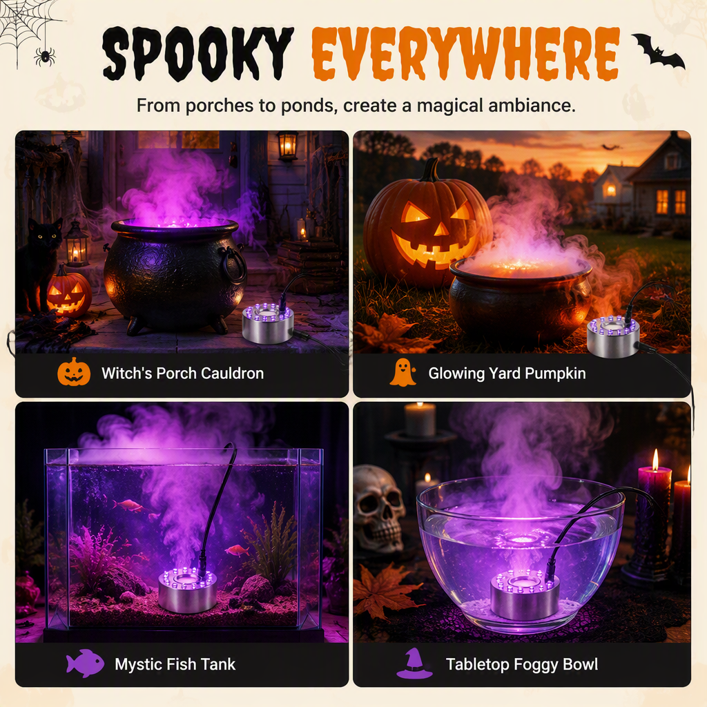Ultrasonic mist maker shown in Halloween cauldron outdoor pumpkin display water tank and tabletop bowl