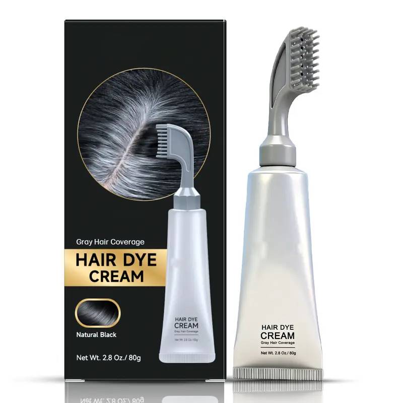 Natural black gray coverage hair dye cream with built-in comb applicator