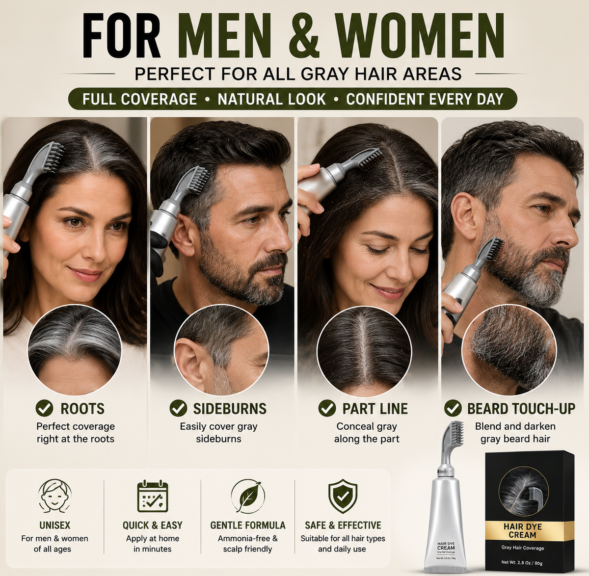 Hair dye comb shown on roots sideburns part line and gray beard areas