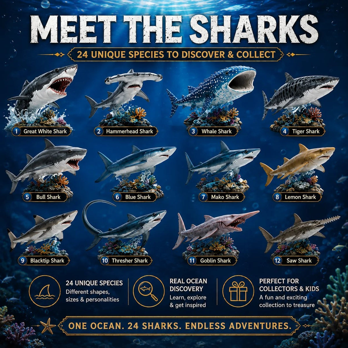 Shark advent calendar promotional species lineup featuring multiple distinctive shark designs