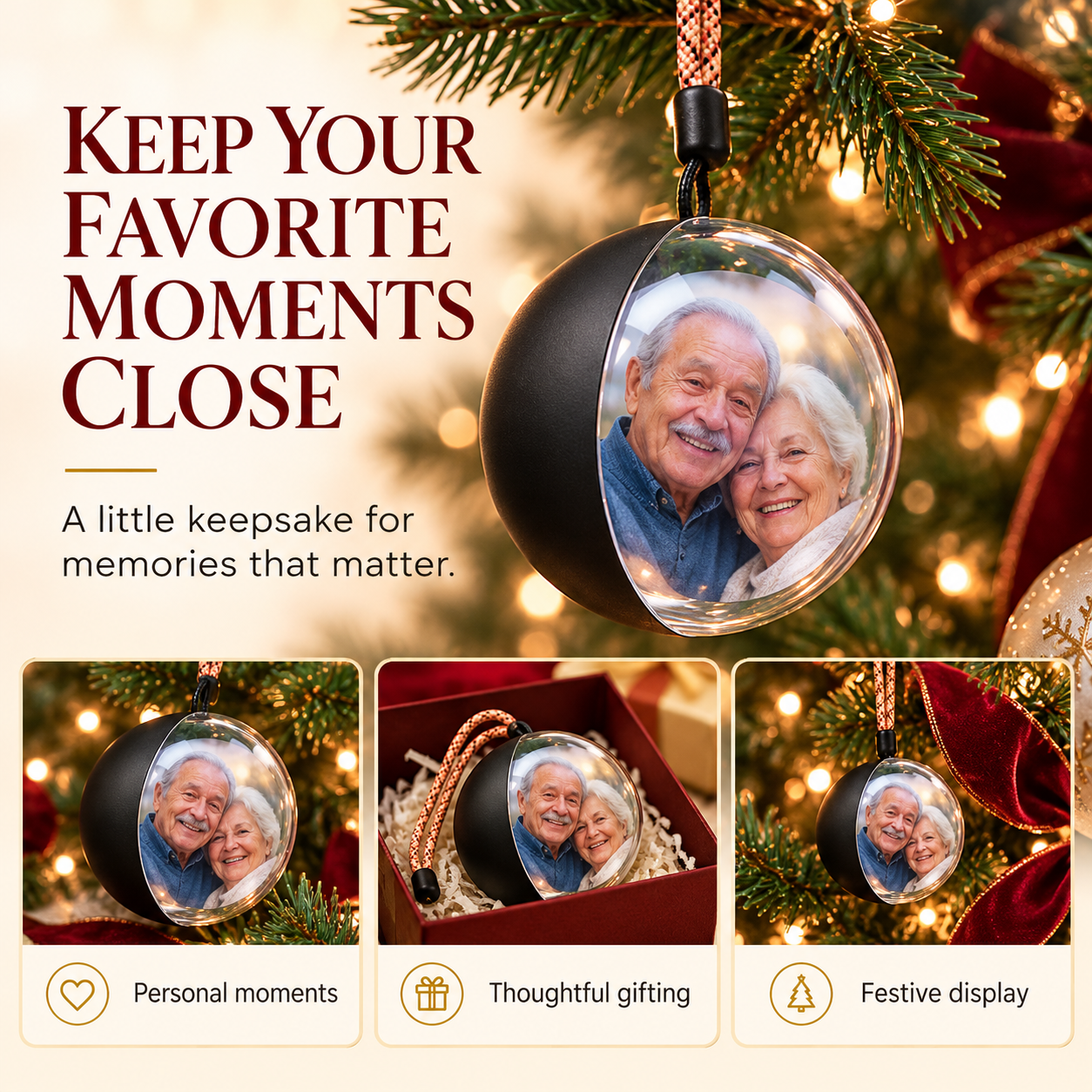 Round photo ornament hanging on a Christmas tree and displaying a couple