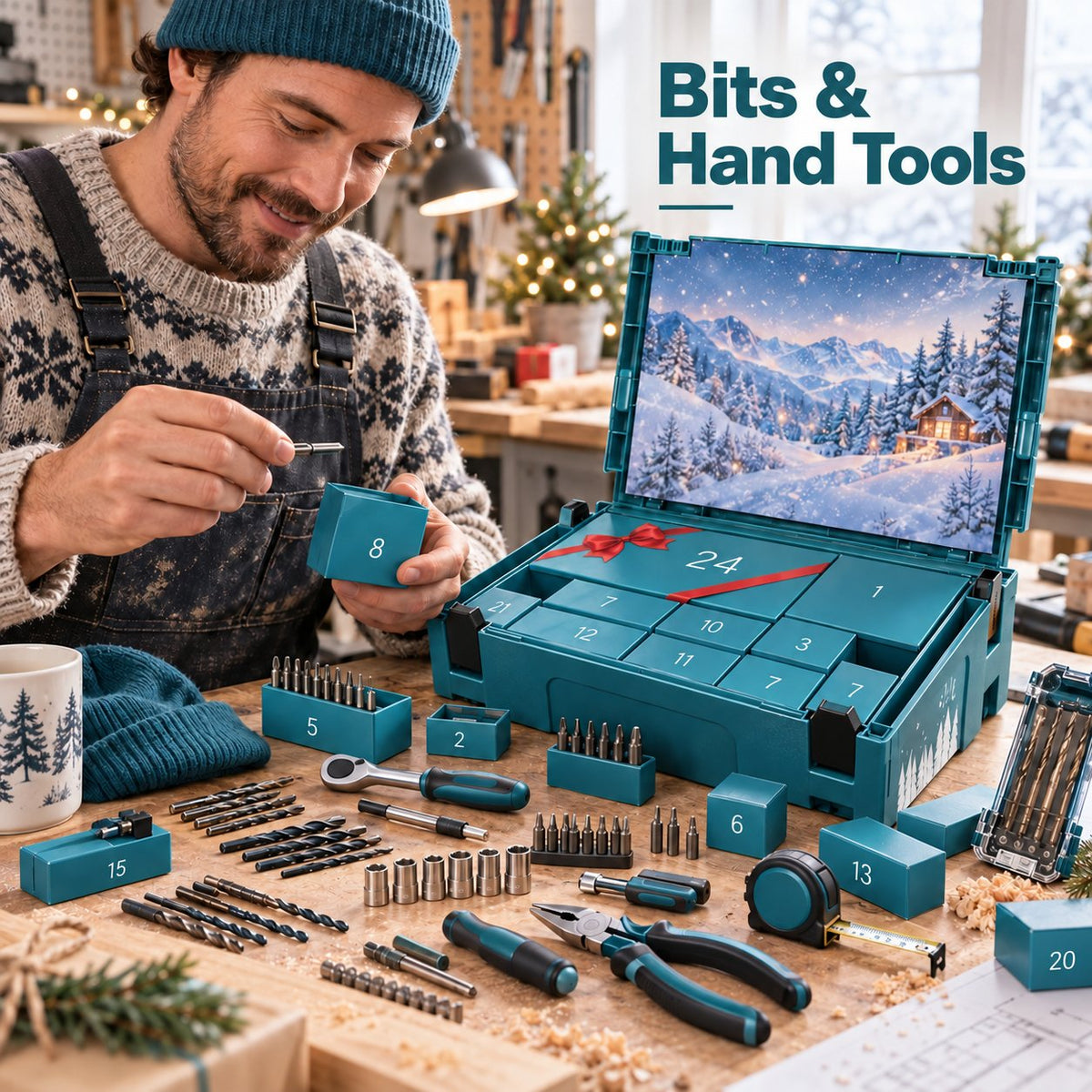 Christmas tool advent calendar with driver bits drill bits ratchet pliers and measuring tools