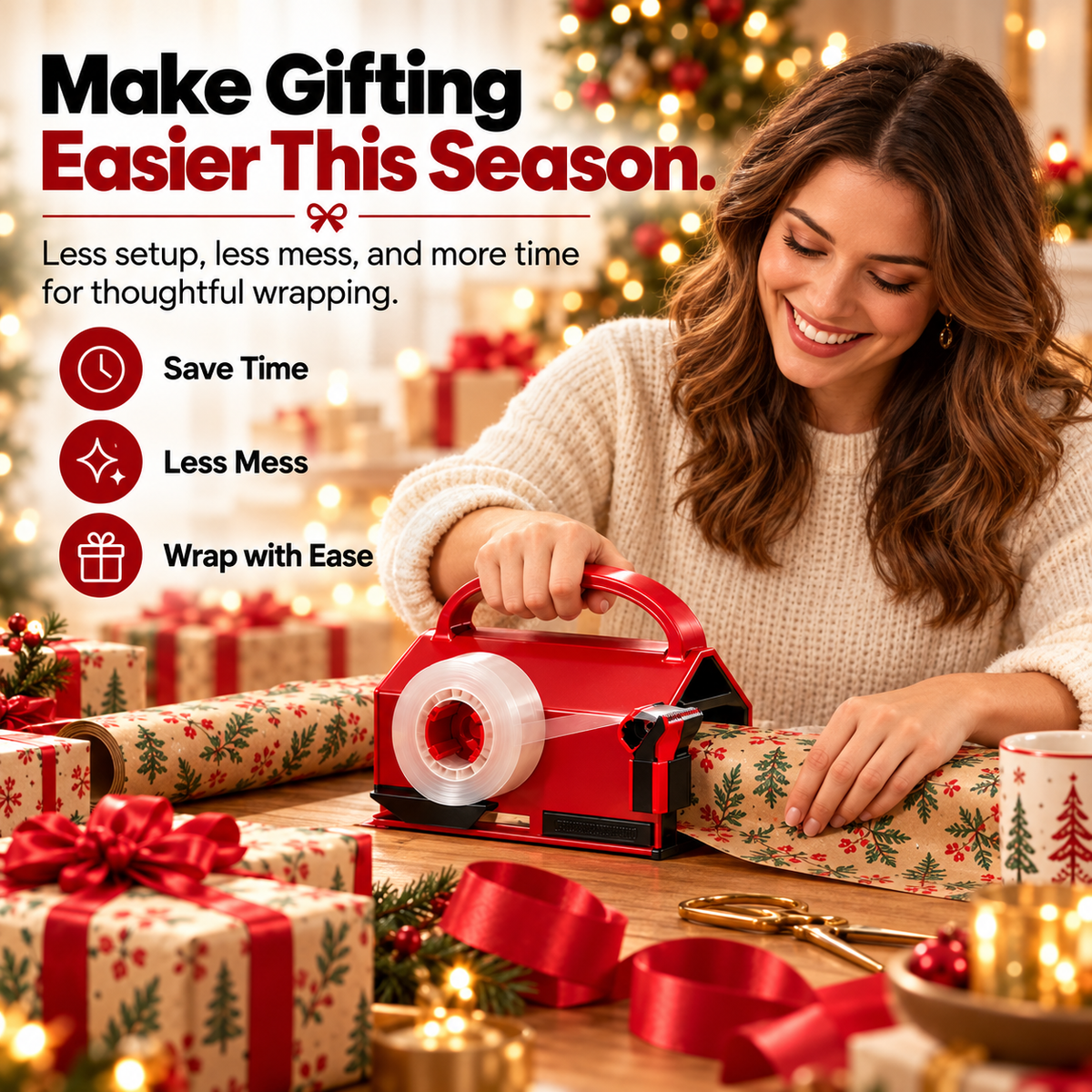 Woman using red TapeMate tool while wrapping Christmas gifts at a decorated table