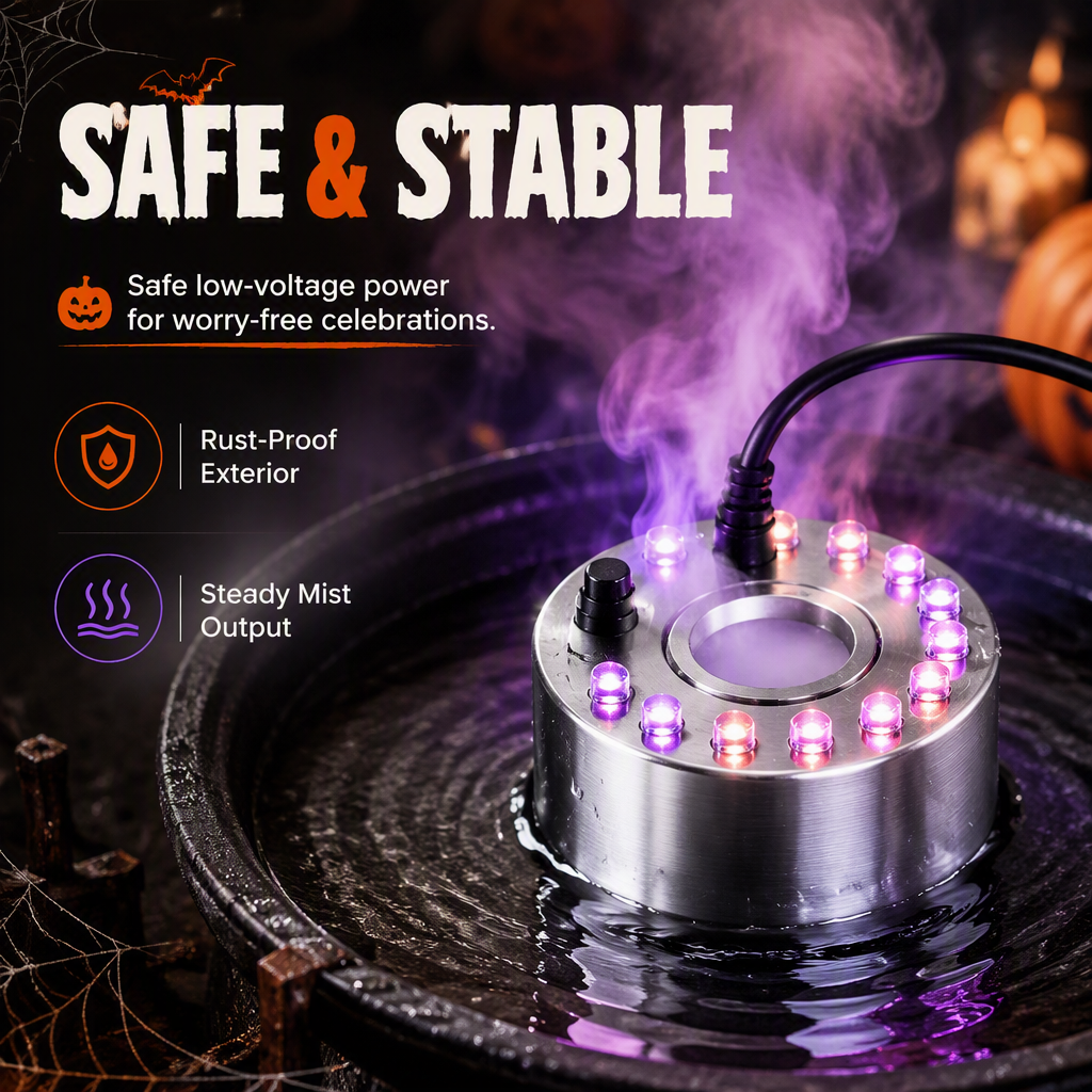 12 LED ultrasonic fogger producing steady purple mist in decorative water container