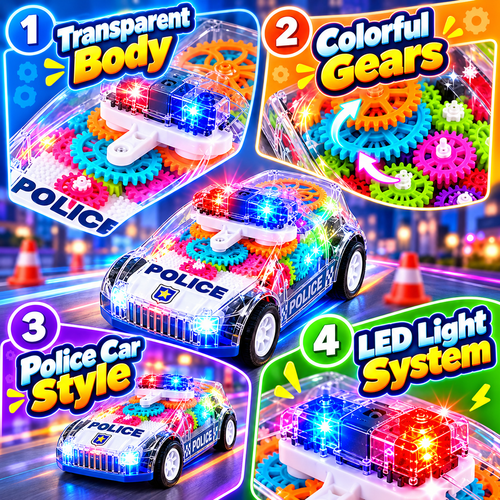 🚓 Transparent Gear Police Toy Car – Spinning Gears, LED Lights & Music