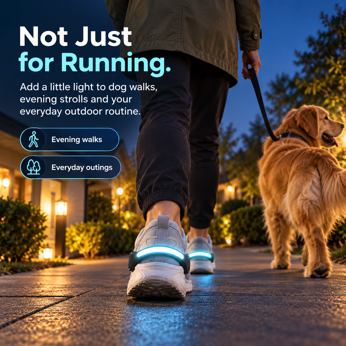 Person walking a dog at night wearing cyan glowing LED heel shoe lights