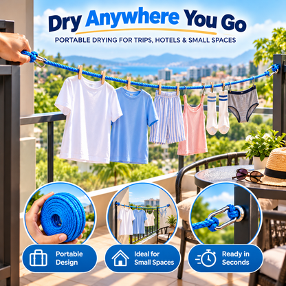 👕 DryGo™ Portable Clothesline – Lightweight Travel Laundry Rope with Strong Metal Hooks