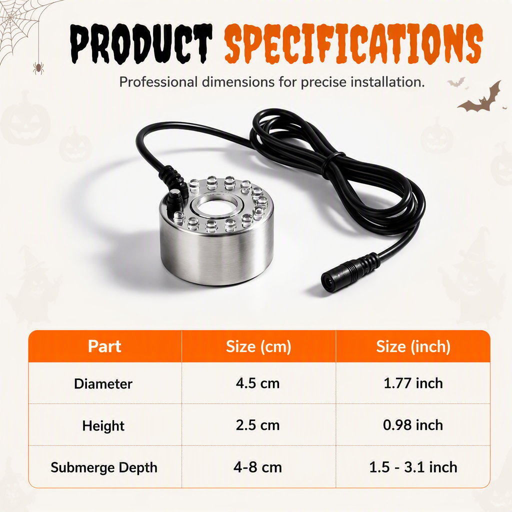 Product dimensions for 12 LED ultrasonic water mist maker