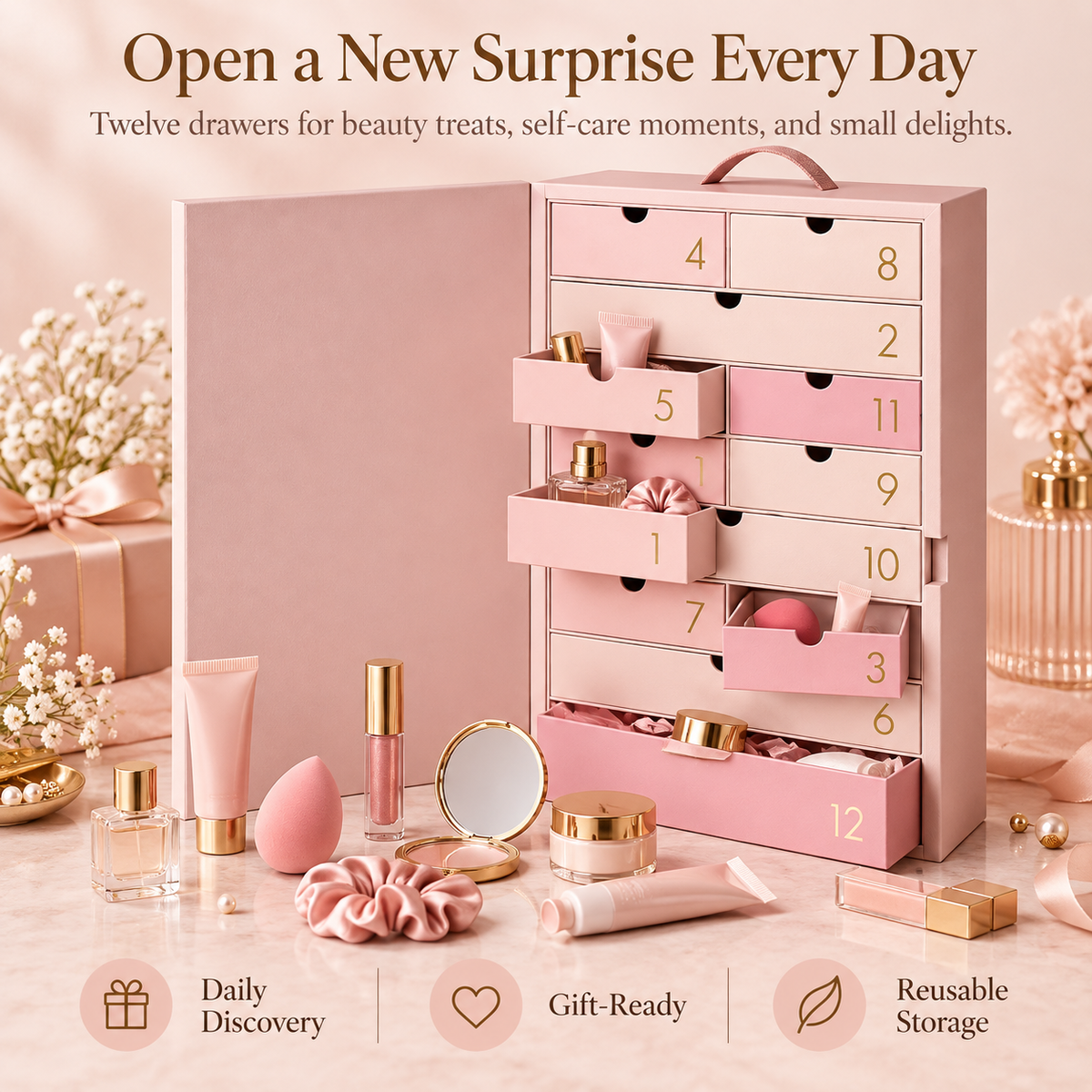 🎀 BeautyBloom™ 12-Day Advent Case – Elegant Beauty Countdown Box with Reusable Storage Drawers