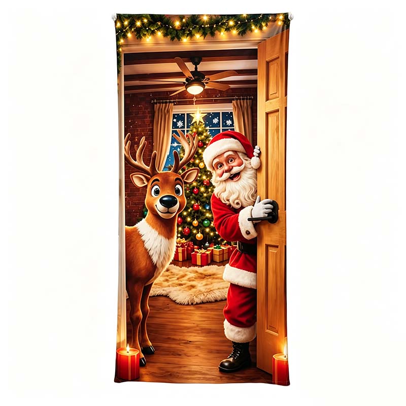 Santa Claus and reindeer Christmas door cover design