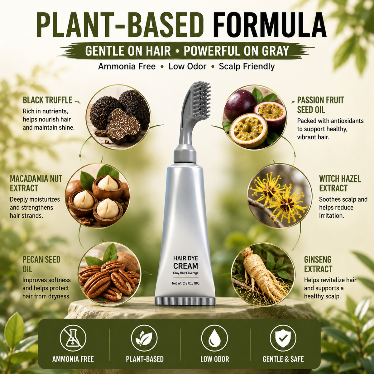 Hair dye cream formula imagery highlighting plant-derived ingredients