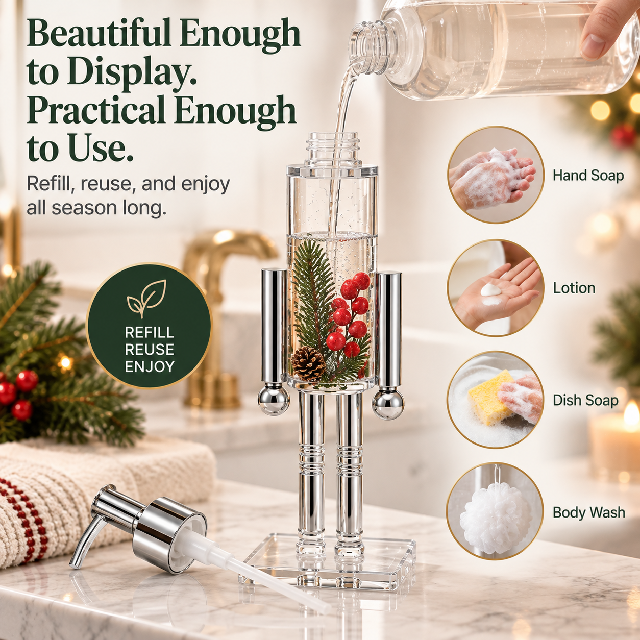 Refilling a holiday pump dispenser for hand soap lotion dish soap or body wash