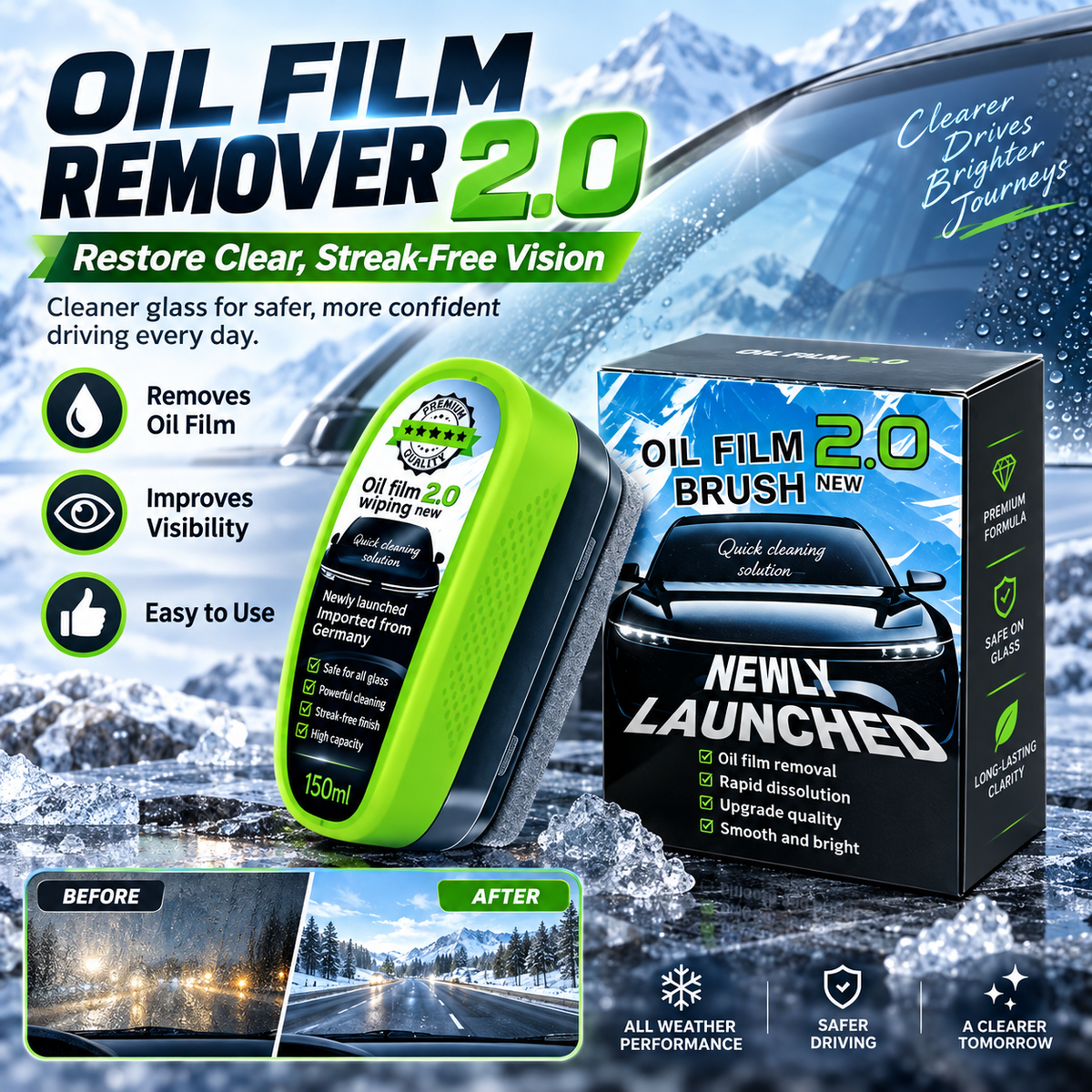 Car Windshield Oil Film Remover, Glass Cleaning Brush with Built-In Cleaner, Streak-Free Auto Glass Cleaner for Windshield, Windows & Mirrors, Easy Visibility Restorer