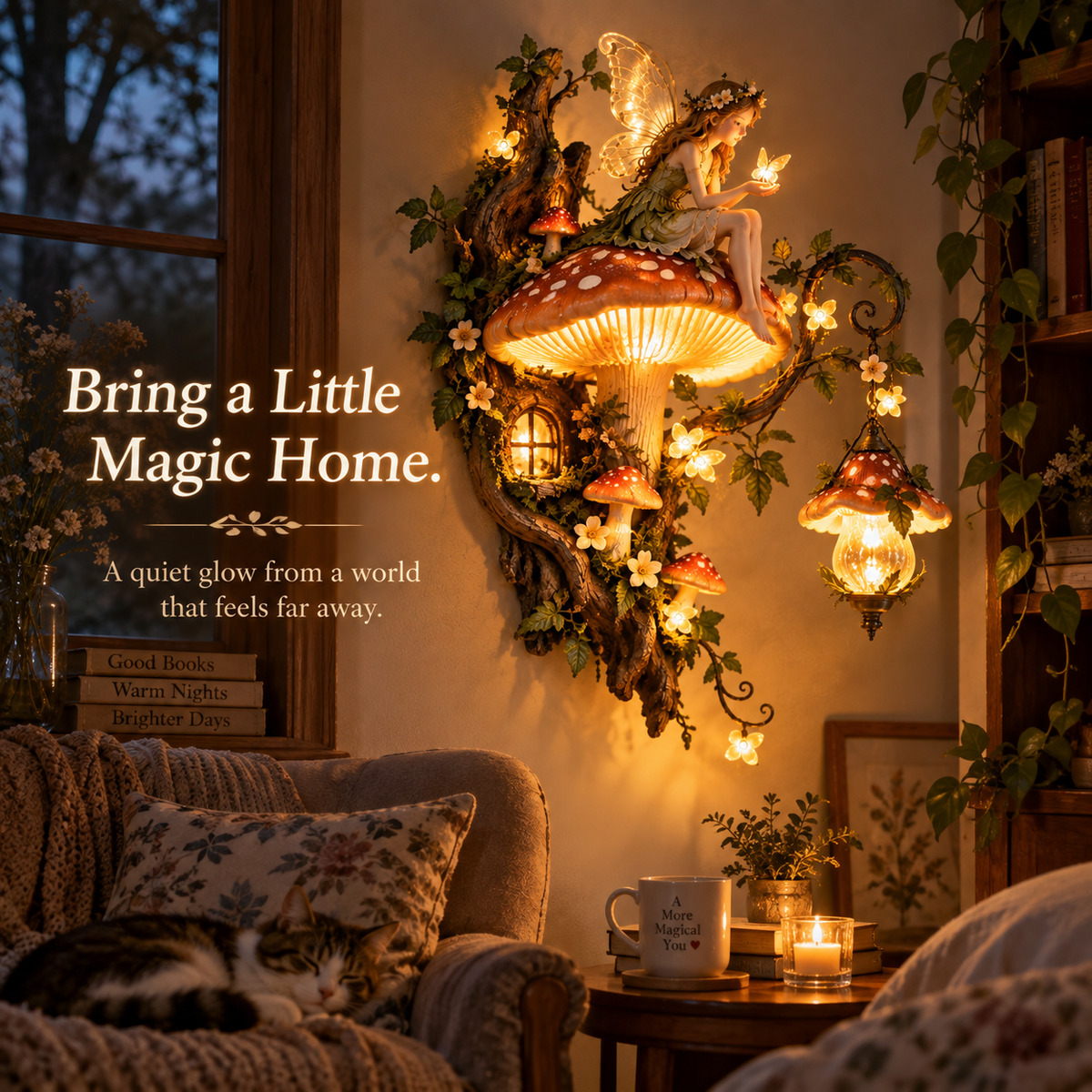 Enchanted fairy mushroom wall light adding warm fantasy atmosphere to a reading corner
