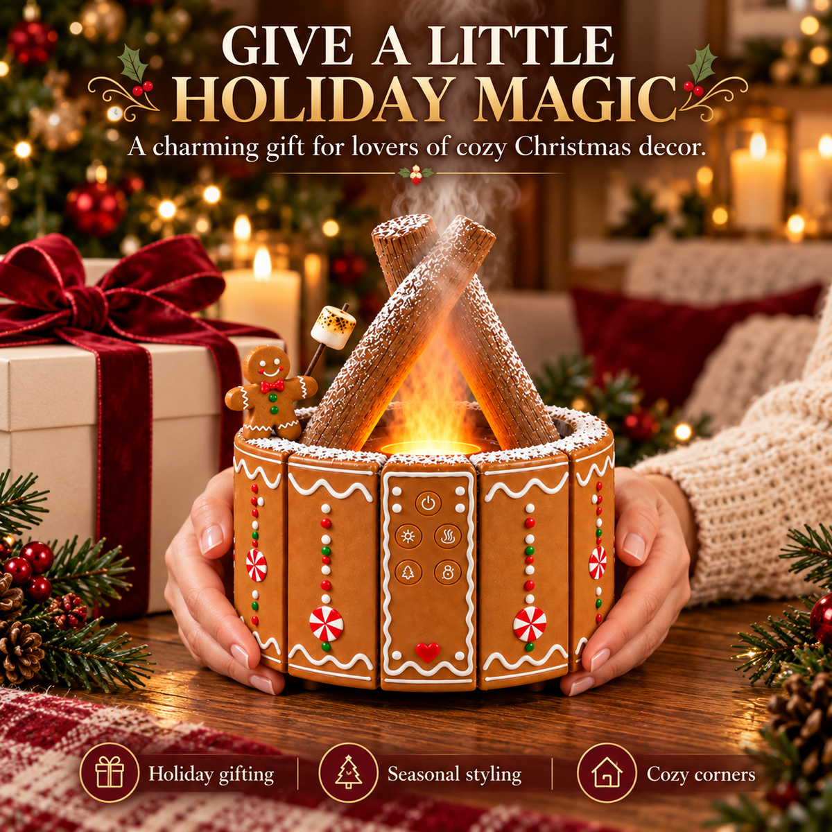 🎄 GingerGlow™ Christmas Fireplace Diffuser – LED Flame & Aromatherapy