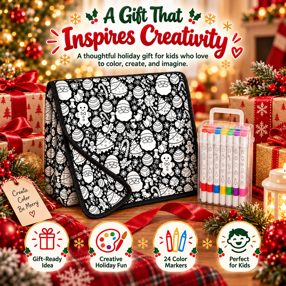 🎄 ColorJoy™ Christmas Coloring Mat Kit – Reusable Holiday Activity Set with 24 Markers