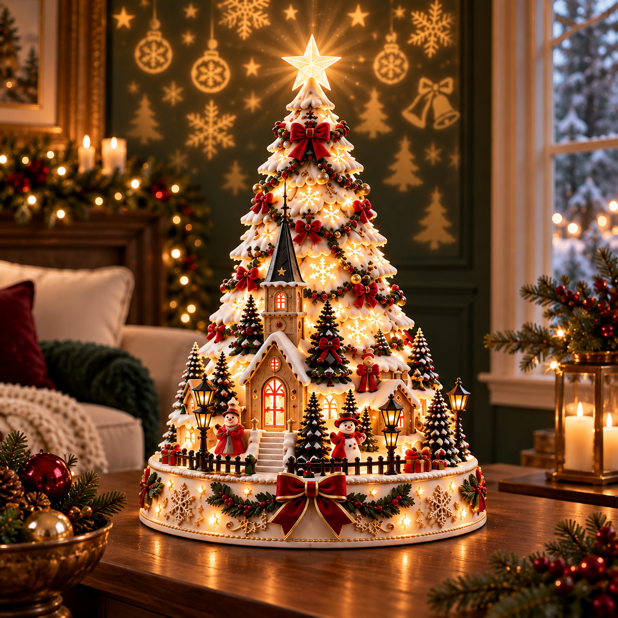 Classic Christmas Village Lightscape Tree illuminated on a sideboard with festive patterns on the wall