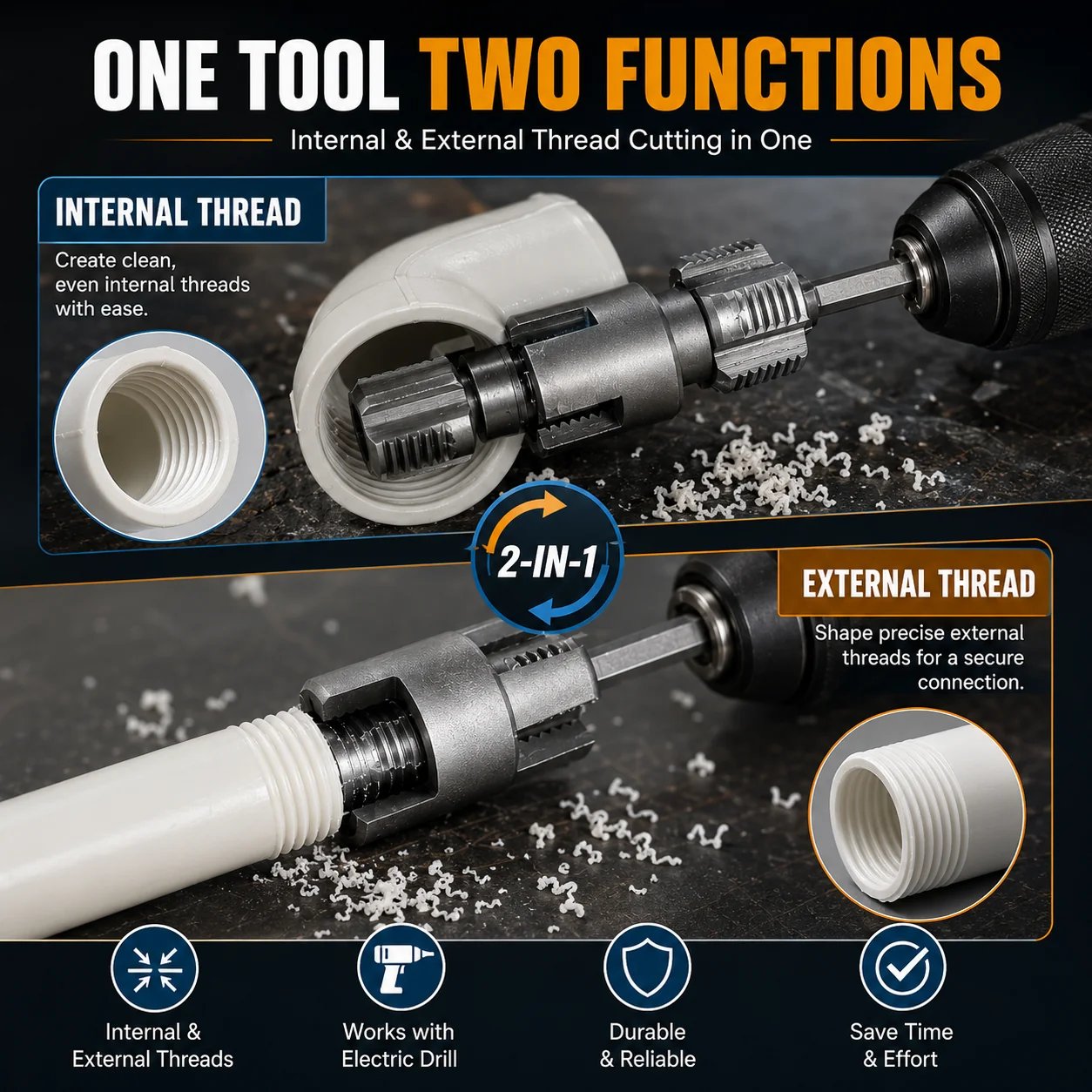 🔥HOT SALE🔥📍Drill-Powered Pipe Thread Cutting Bit — Internal & External Threading for 1/2' & 3/4' Plastic Pipes