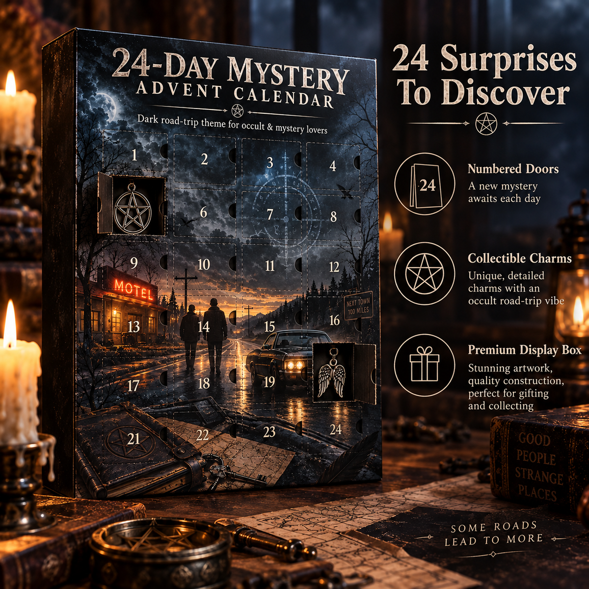 24-Day Mystery Advent Calendar, Collectible Metal Charm Countdown Box with Daily Surprise Keepsakes, Dark Gothic Road Trip Theme Christmas Gift for Mystery & Occult Lovers