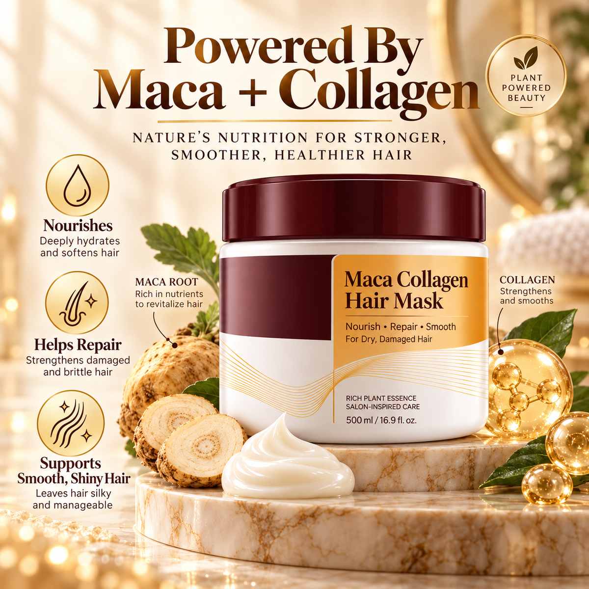 Collagen Hair Mask for Dry & Damaged Hair, Deep Conditioning Treatment with Maca Essence, Moisturizing Repair Hair Cream for Soft, Smooth & Shiny Hair