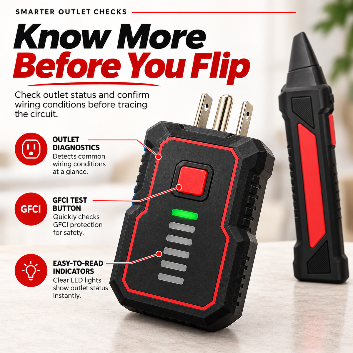 Plug-in outlet tester with status indicators and a red GFCI test button beside the circuit tracing receiver
