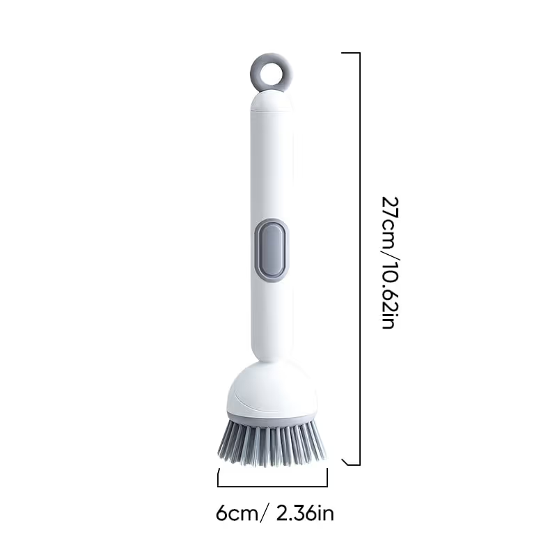 White soap dispensing long-handle dish brush dimension illustration showing approximately 27cm length and 6cm brush head width