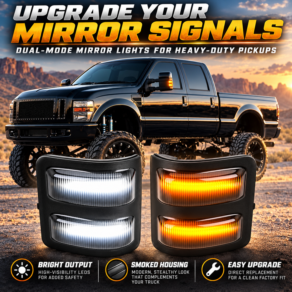 Dual-mode mirror lights showing white and amber illumination beside a heavy-duty pickup
