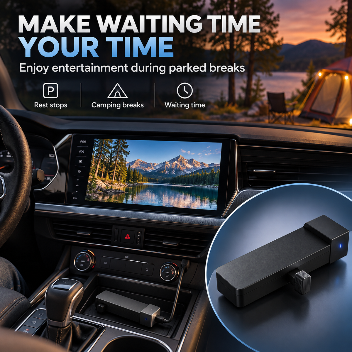 StreamDrive adapter pictured in a parked car during a relaxing break with the vehicle display in use