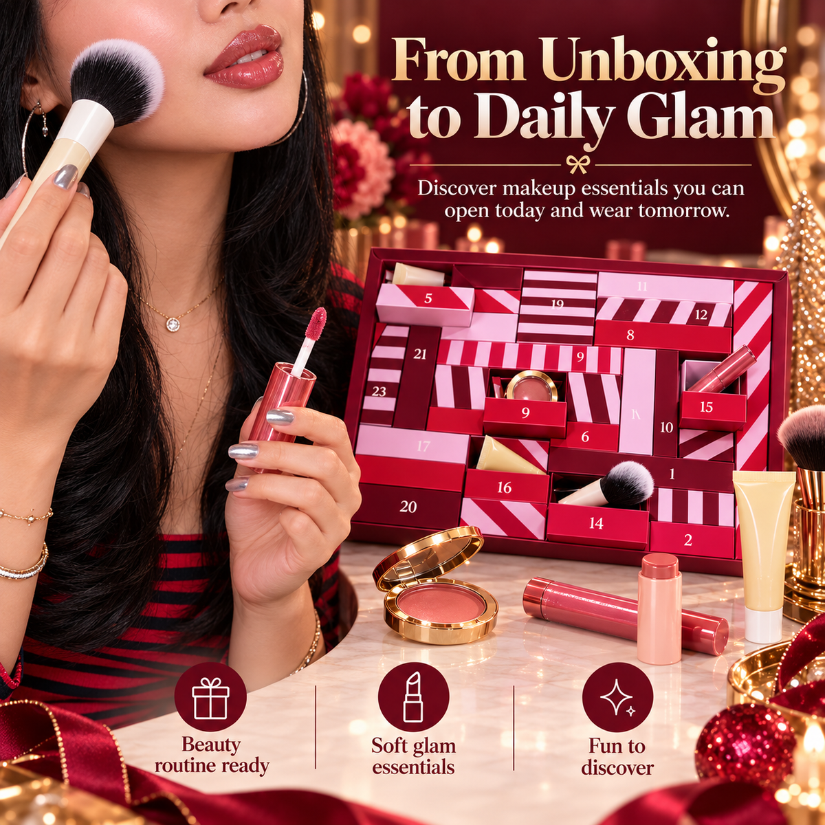 24-Day Beauty Advent Calendar for Women, Christmas Makeup Countdown Gift Box with Daily Beauty Surprises, Cosmetics, Brushes & Glow Essentials for Girls, Teens & Makeup Lovers