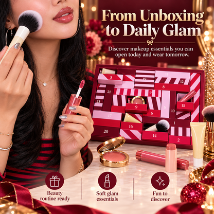 24-Day Beauty Advent Calendar for Women, Christmas Makeup Countdown Gift Box with Daily Beauty Surprises, Cosmetics, Brushes & Glow Essentials for Girls, Teens & Makeup Lovers