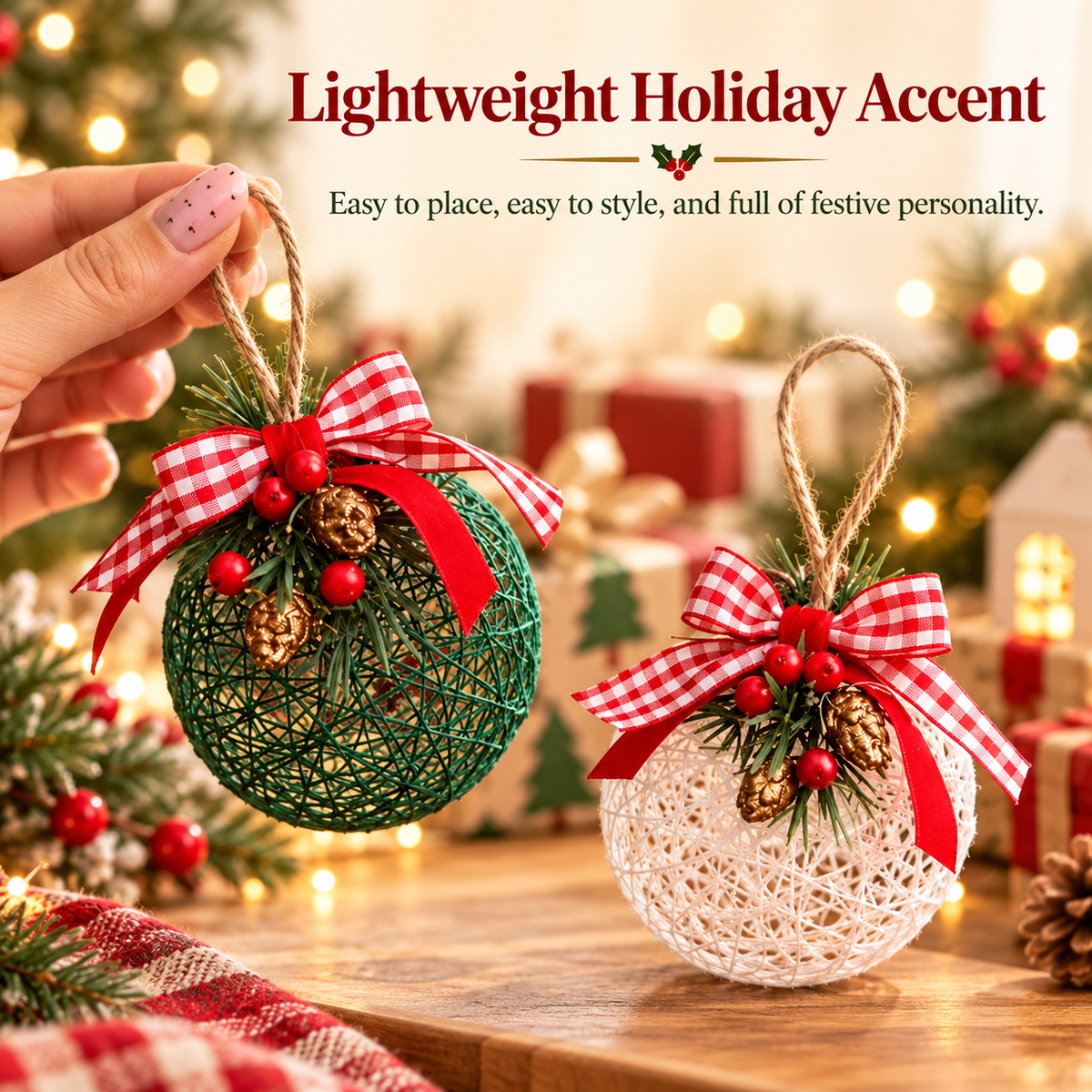 Hand holding a green woven Christmas ball ornament beside an ivory ornament