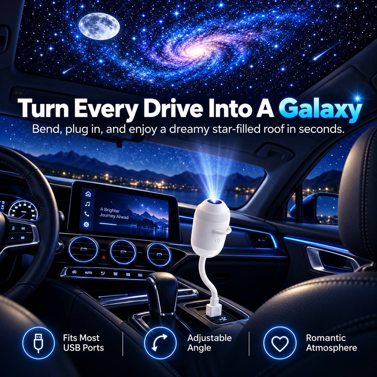 USB galaxy projector creating starry sky ambience inside a parked car