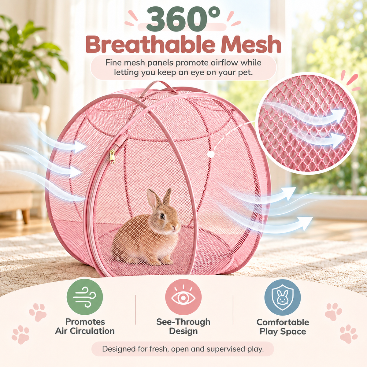 PetNest breathable mesh playpen with a rabbit inside