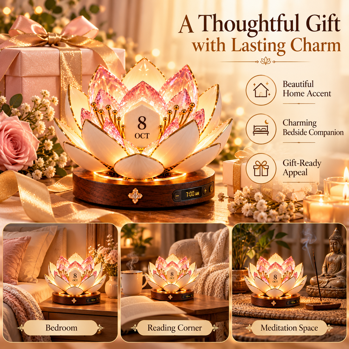 Blooming lotus calendar lamp presented as a thoughtful home decor gift