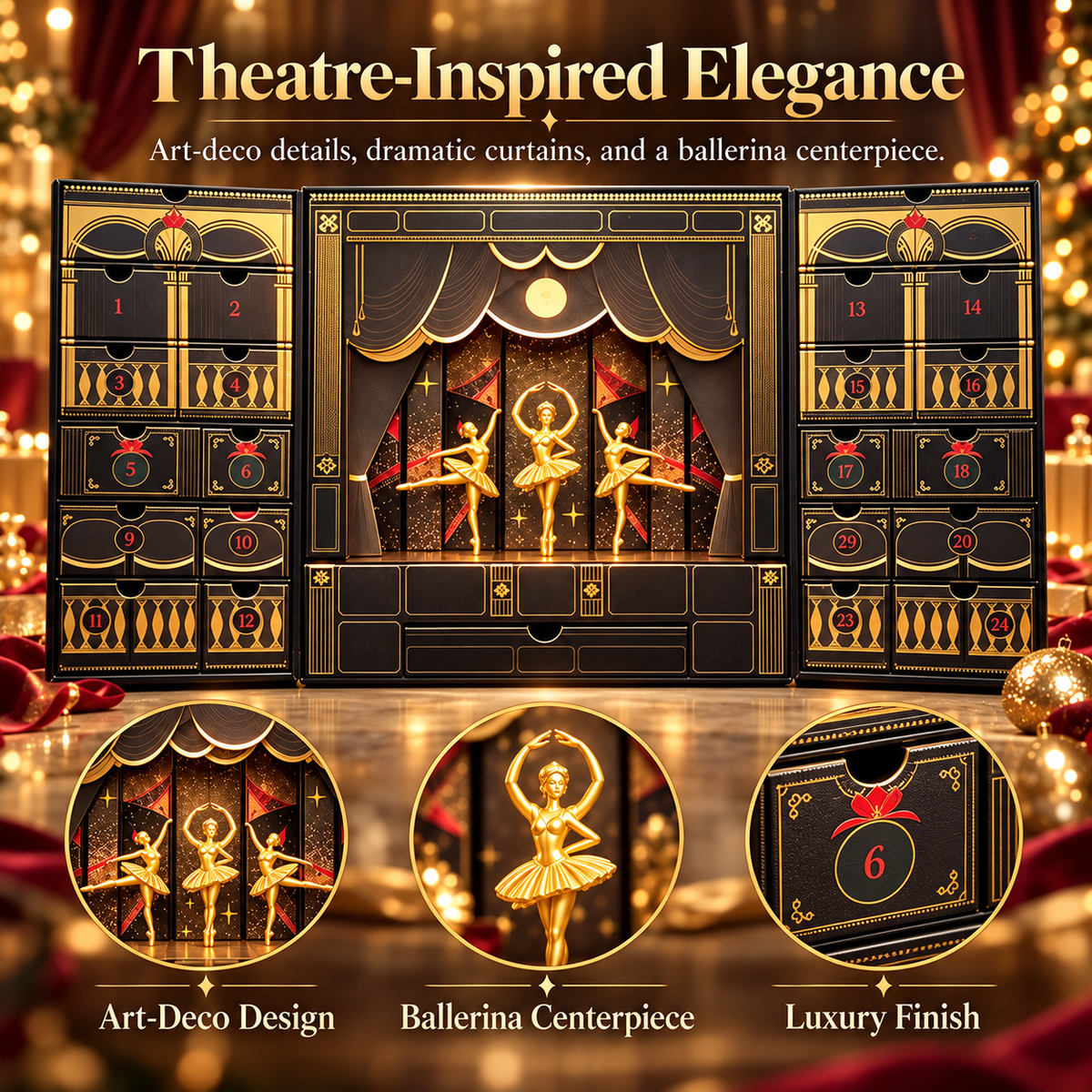 Luxury Ballerina Advent Calendar, 24-Day Christmas Countdown Gift Box with Surprise Drawers, Elegant Theatre-Inspired Holiday Calendar for Girls, Dancers & Ballet Lovers