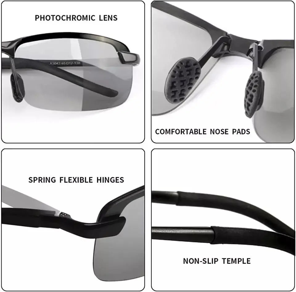 Photochromic sunglasses with nose pads spring flexible hinges and non-slip temple tips