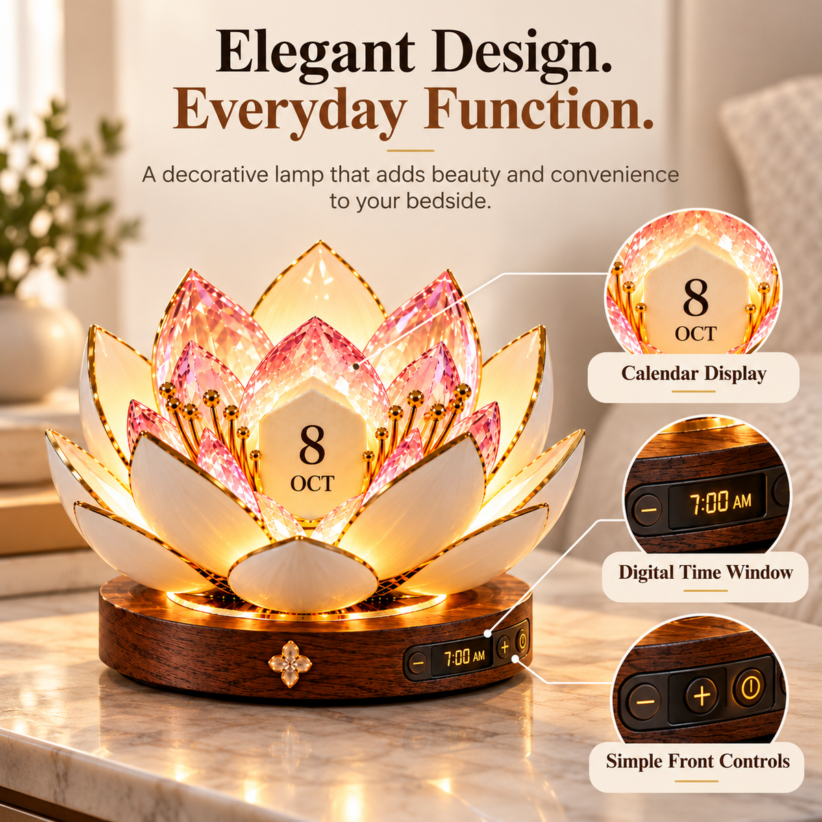 Blooming lotus lamp detail showing calendar display digital time window and front controls