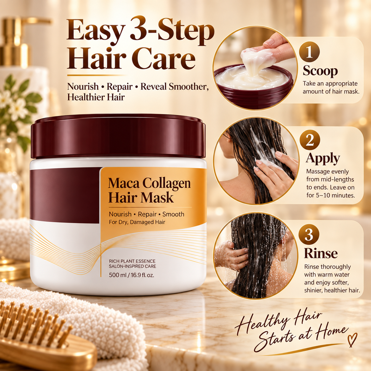 Collagen Hair Mask for Dry & Damaged Hair, Deep Conditioning Treatment with Maca Essence, Moisturizing Repair Hair Cream for Soft, Smooth & Shiny Hair