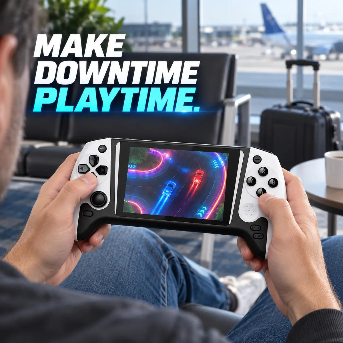 5.5-inch portable retro gaming handheld console in lifestyle scene