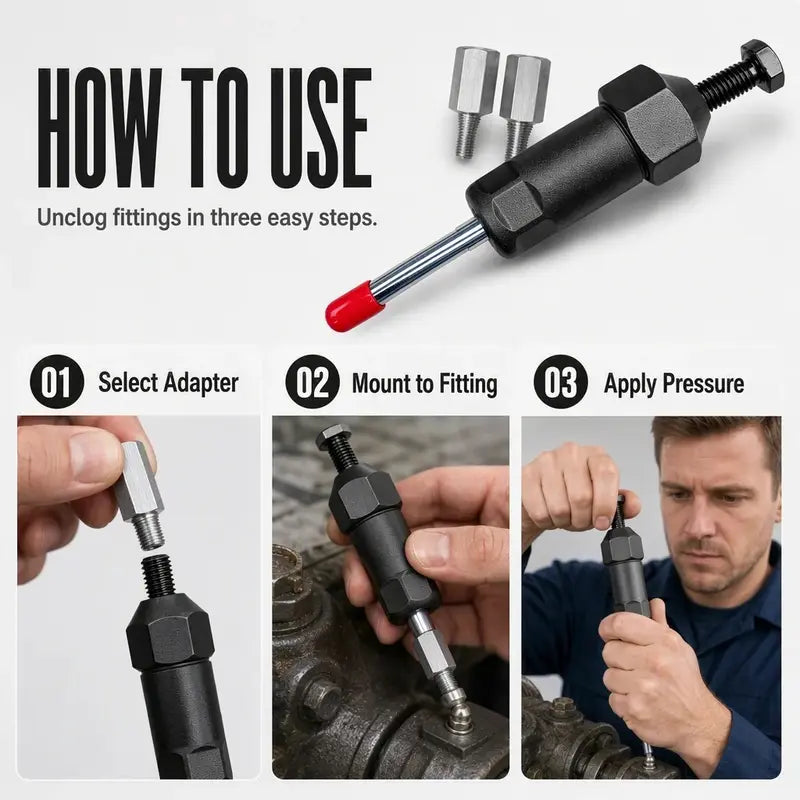 Heavy-Duty Grease Fitting Cleaner – 600 PSI High-Pressure Grease Gun Unclogging Tool with M6/M8/M10 Adapters