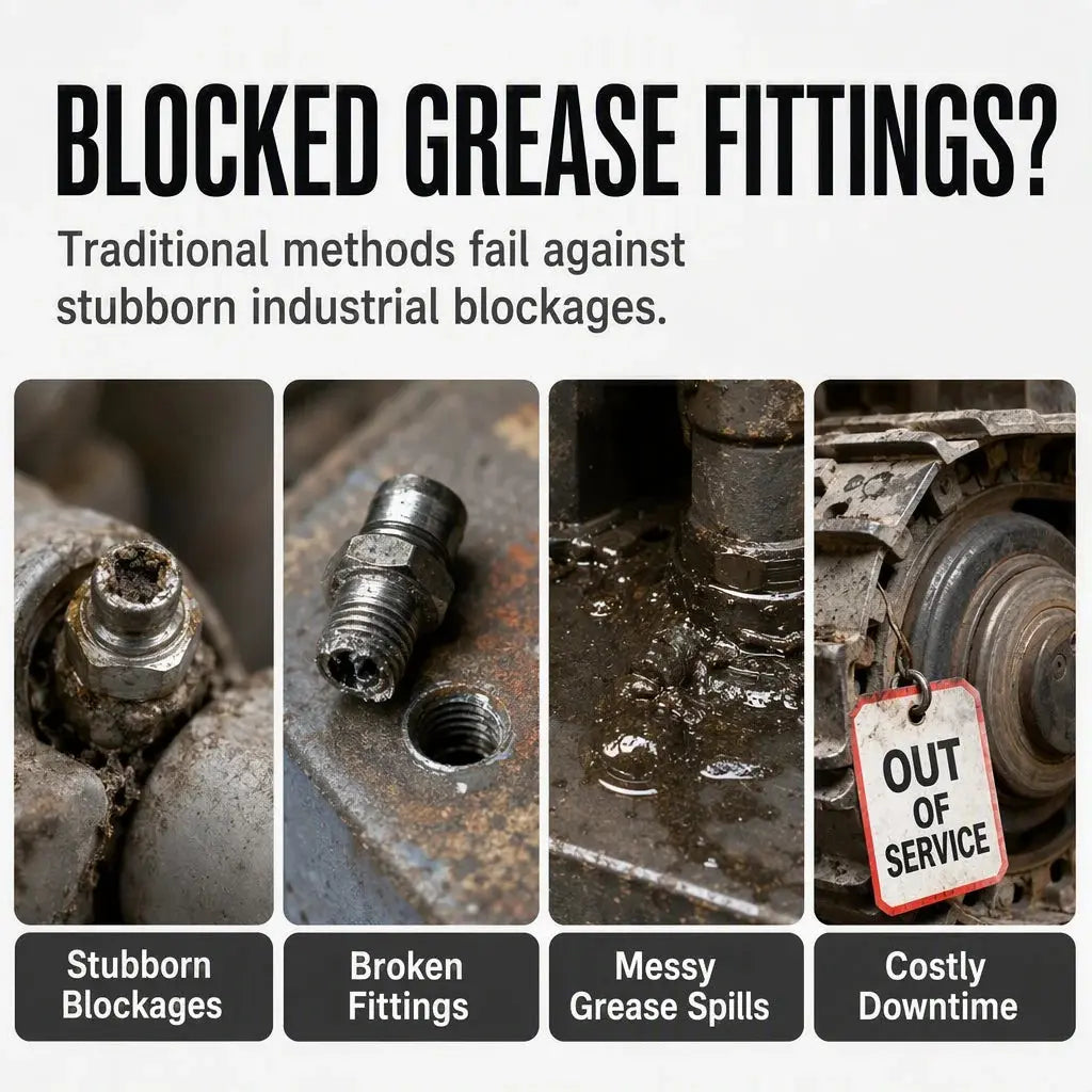Examples of blocked damaged and dirty industrial grease fittings