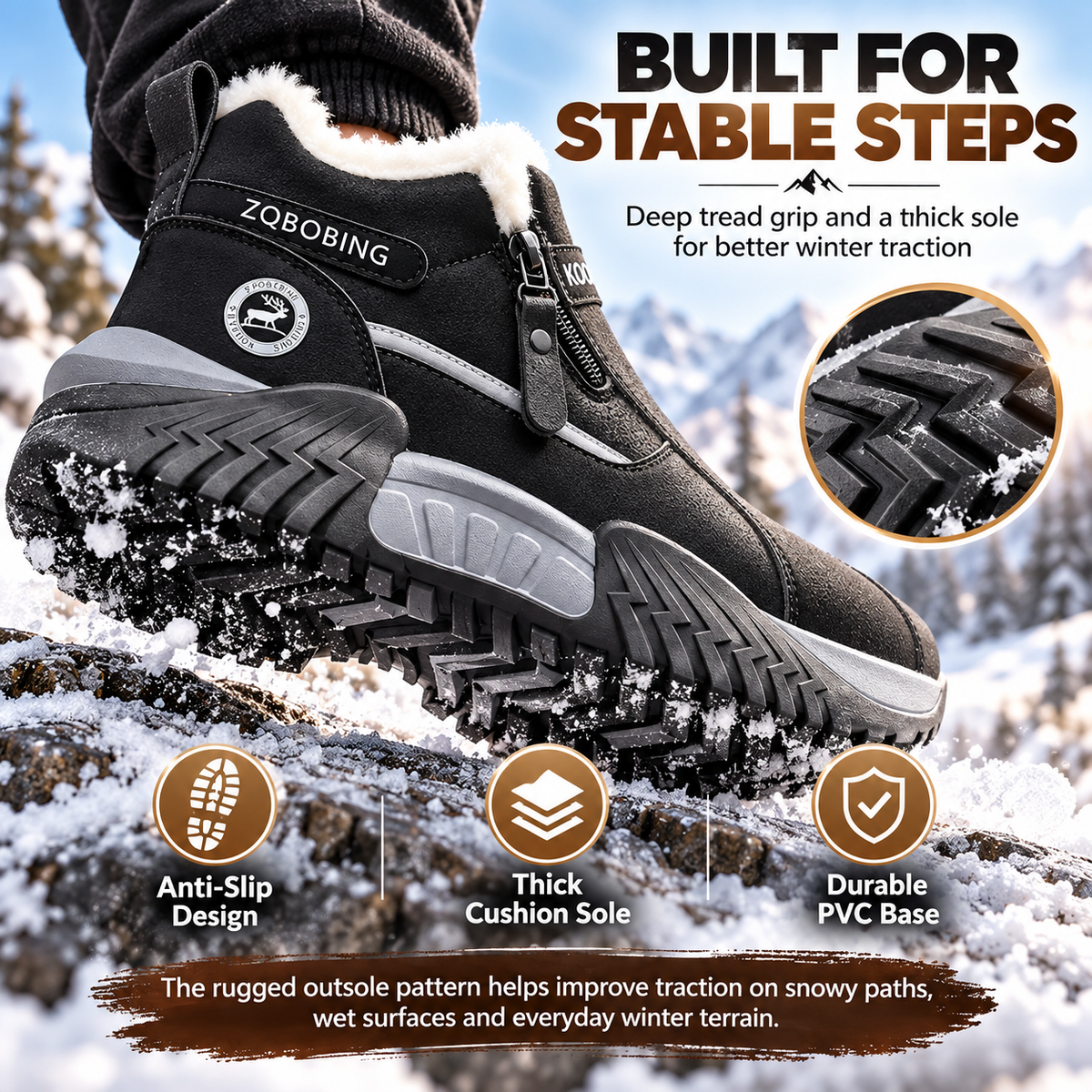👟Warm Fleece Winter Snow Boots with Side Zip | Anti-Slip Outdoor Ankle Shoes