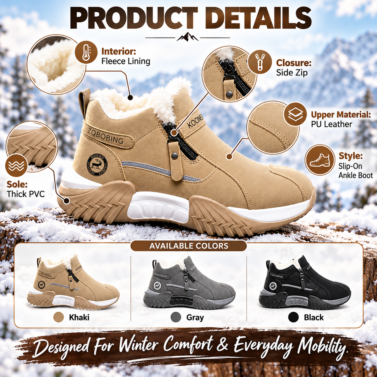 👟Warm Fleece Winter Snow Boots with Side Zip | Anti-Slip Outdoor Ankle Shoes