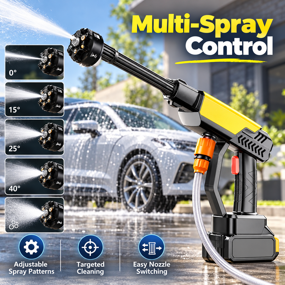 Cordless washer with multiple spray patterns and adjustable nozzle