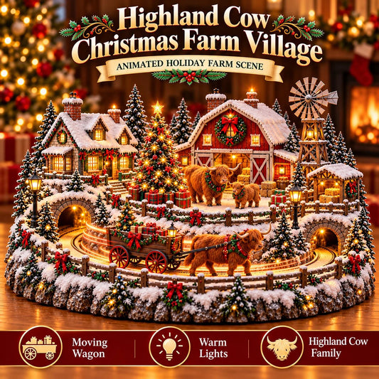 Animated Highland Cow Christmas Farm Village, Lighted Farmhouse Holiday Tabletop Display, Warm LED Musical Moving Christmas Village Decoration for Home Mantle & Party Decor